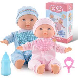 Toy Choi's Twin Baby Dolls  30cm Pink & Blue Baby Doll Set with Rompers nd Hat